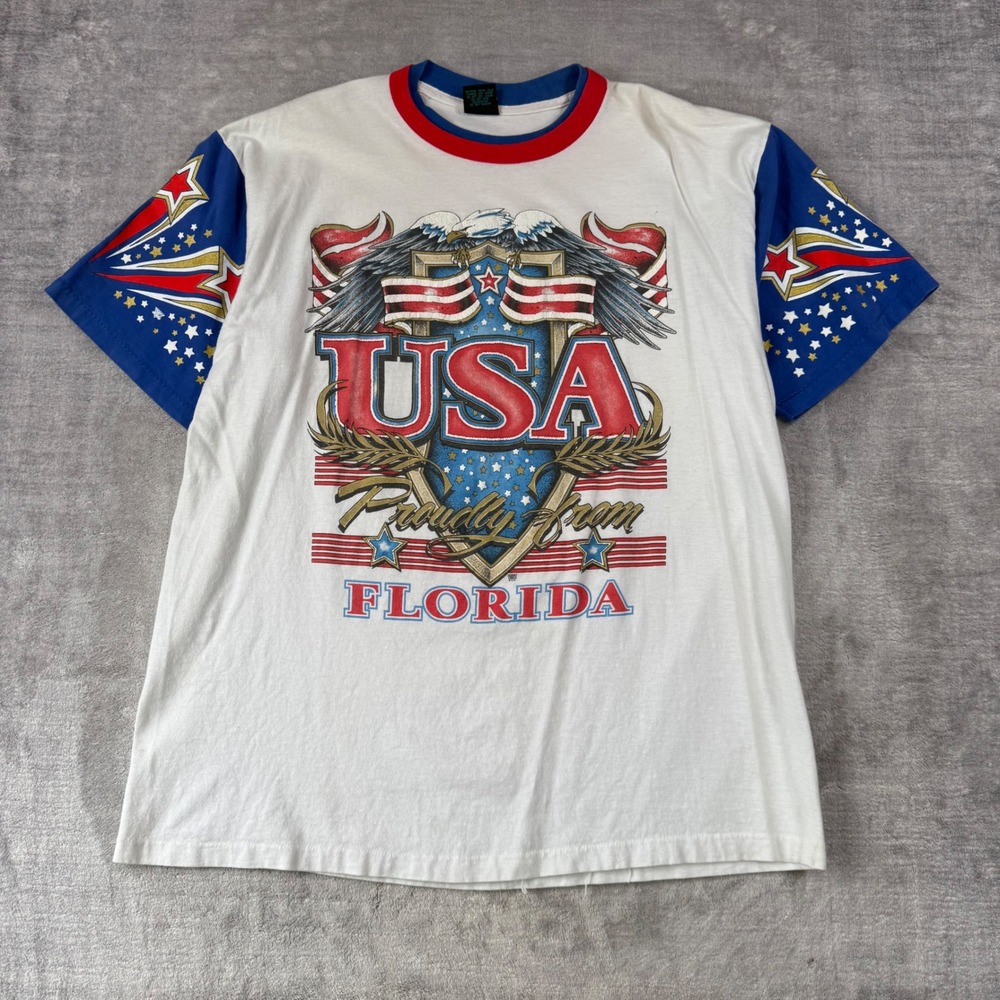 Tees Unlimited USA Florida Shirt Men XL White Patriotic Eagle Vintage 90s Flag